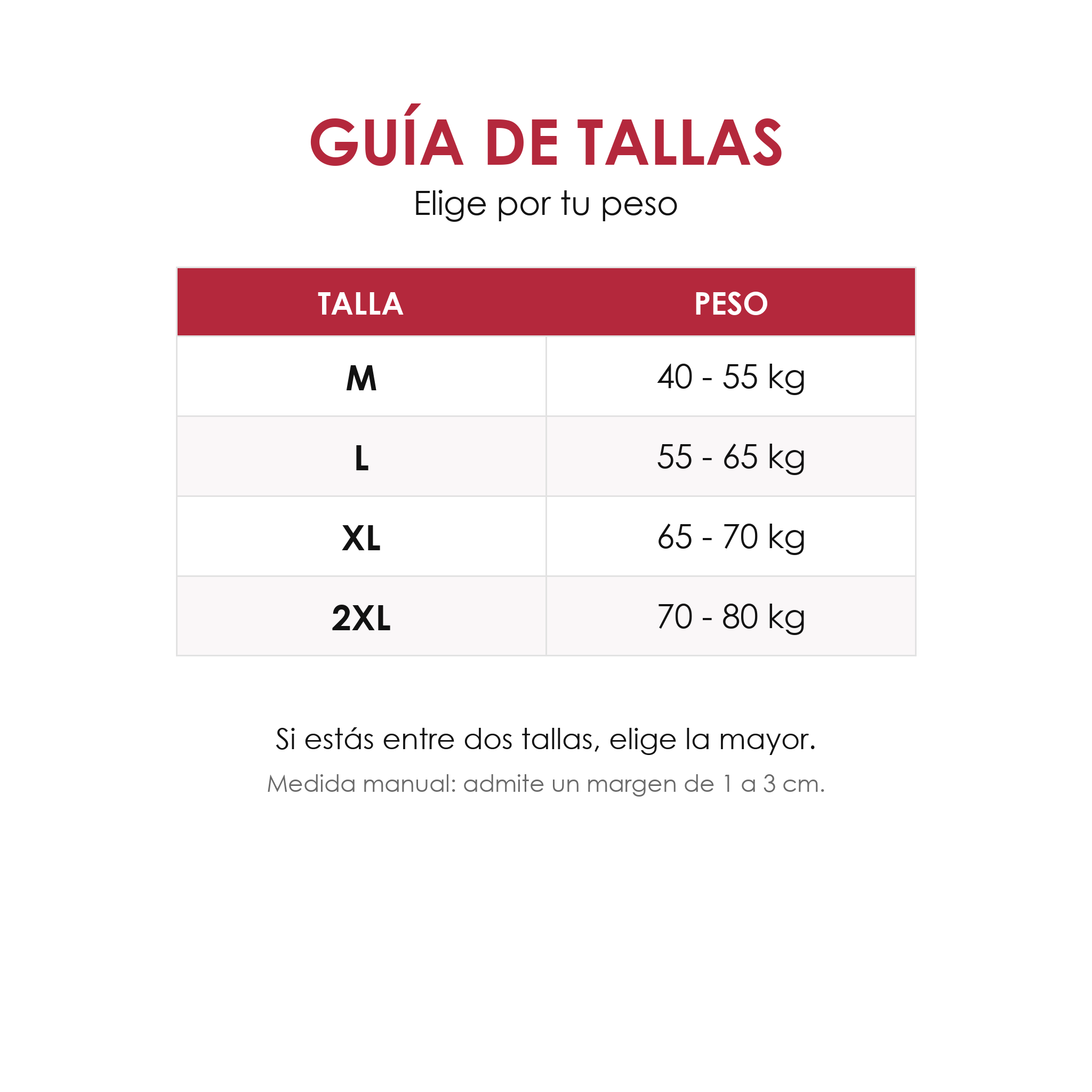 Encaja - guia de tallas M, L, XL y 2XL por peso